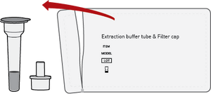 A rectangular pouch labeled “Extraction buffer tube & filter cap,” torn open from a notch near one short end. The tube and cap are removed