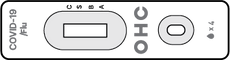 A flat, narrow, rectangular, plastic test cassette. From top to bottom, it features: a label “COVID-19 slash Flu,” a long oval indentation, a label “O-H-C,” a smaller oval indentation, and a label “droplet icon X 4”