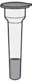 A narrow cylindrical tube with a wider top end and peelable foil seal, and a small amount of fluid inside