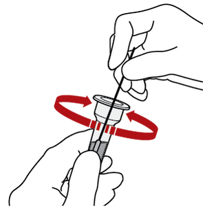 A hand holds the tube, while another hand stirs the swab in circles several times, keeping the swab head at the bottom of the tube