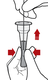A hand squeezes the tube near the middle, while another hand pulls the swab head through the squeezed portion
