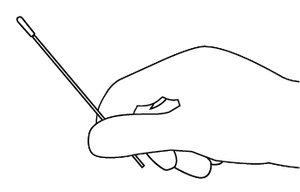 A hand holds the swab by the thinner stick end