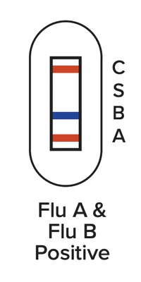 Flu A and Flu B Positive. Results window showing three lines: one red by C at the top, one blue by B near the middle, and one red by A at the bottom