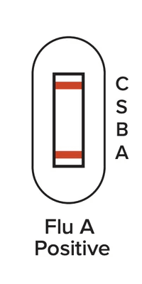 Flu A Positive. Results window showing two lines: one red by C at the top, and one red by A at the bottom